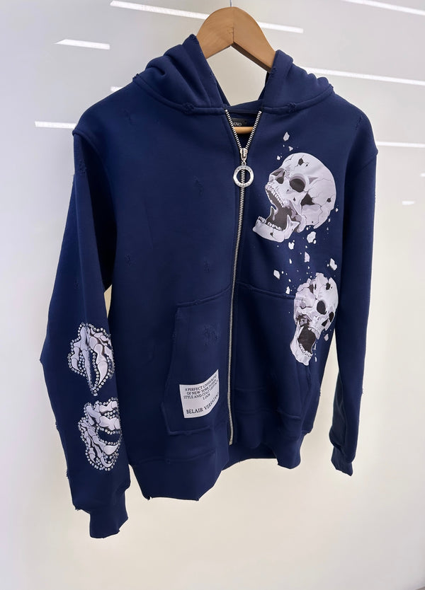 Navy Blue 3D Skulls Zip Up Hoodie