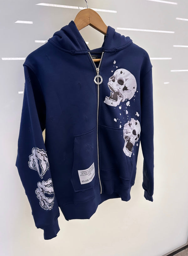 Navy Blue 3D Skulls Zip Up Hoodie