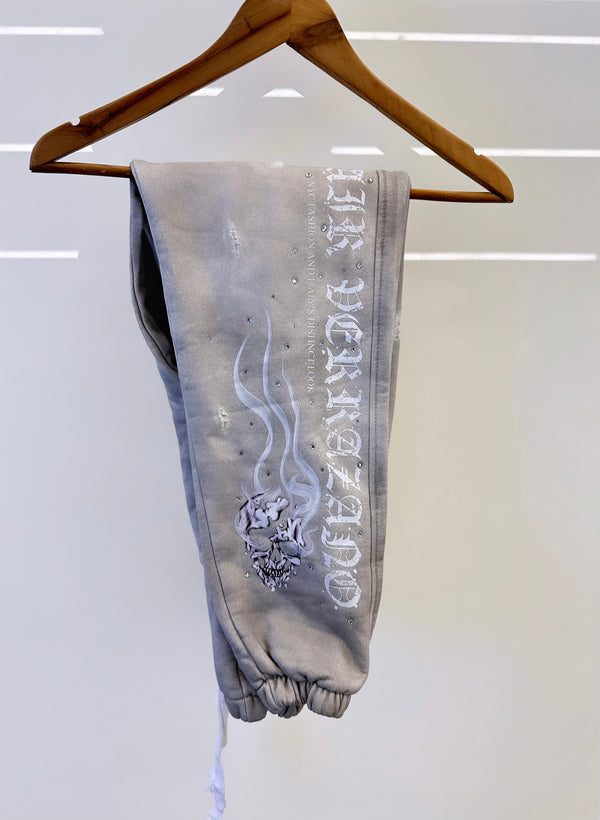 Flame 3D Skull Grey Crystal Diamond Sweatpants