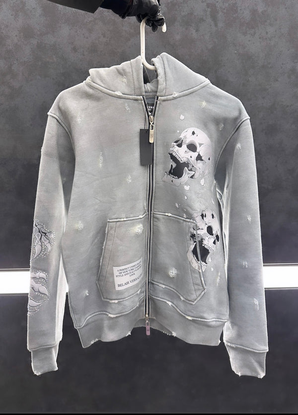 Powder Grey 3D Skull Zip up Hoodie