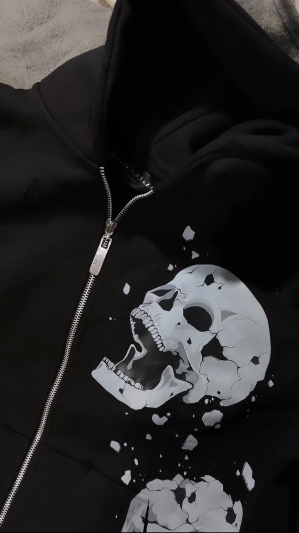 Jet Black 3D Skull Zip Up Hoodie